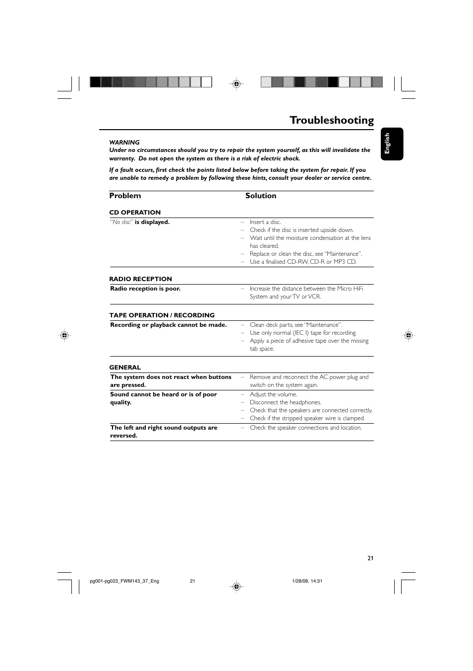 Troubleshooting, Problem solution | Philips FW M143 User Manual | Page 21 / 24