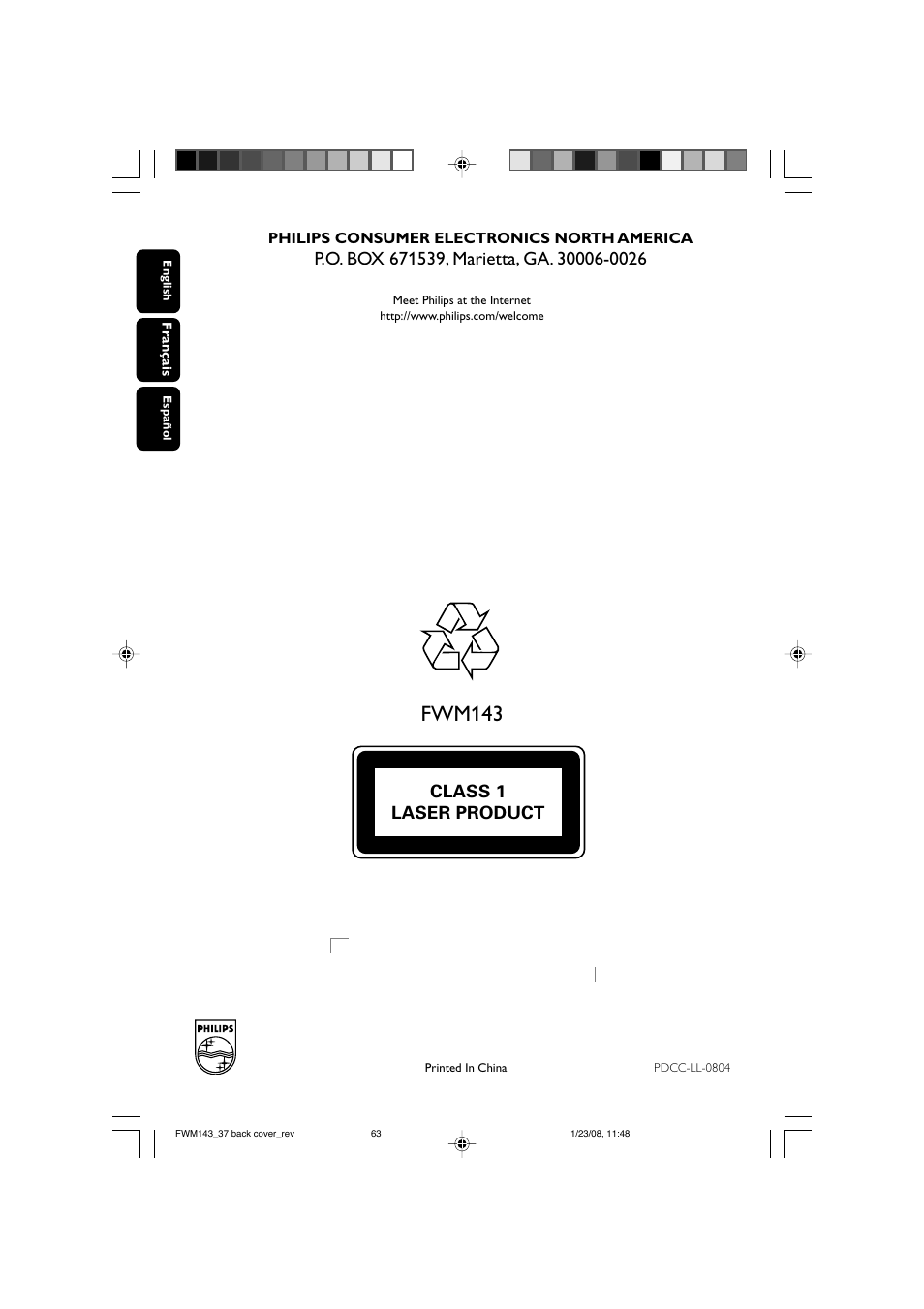 Fwm143, Class 1 laser product | Philips FW M143 User Manual | Page 24 / 24