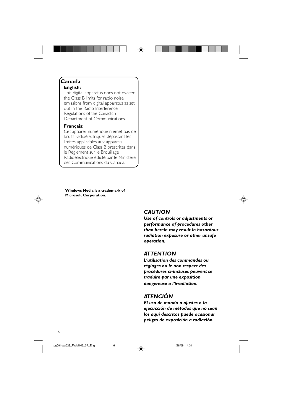 Canada, Caution, Attention | Atención | Philips FW M143 User Manual | Page 6 / 24