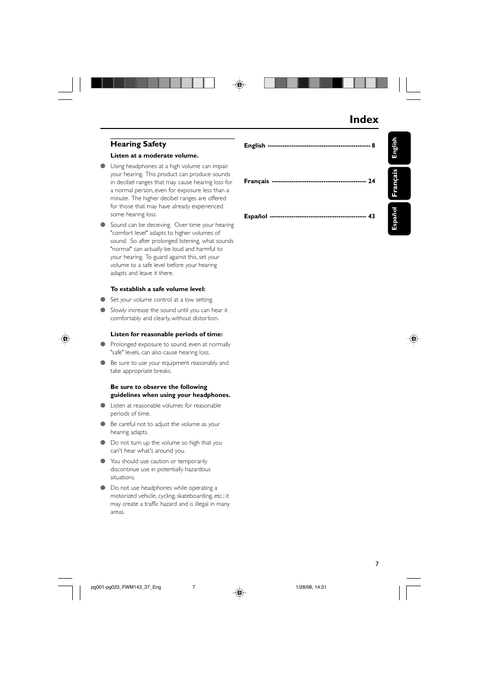 Index, Hearing safety | Philips FW M143 User Manual | Page 7 / 24