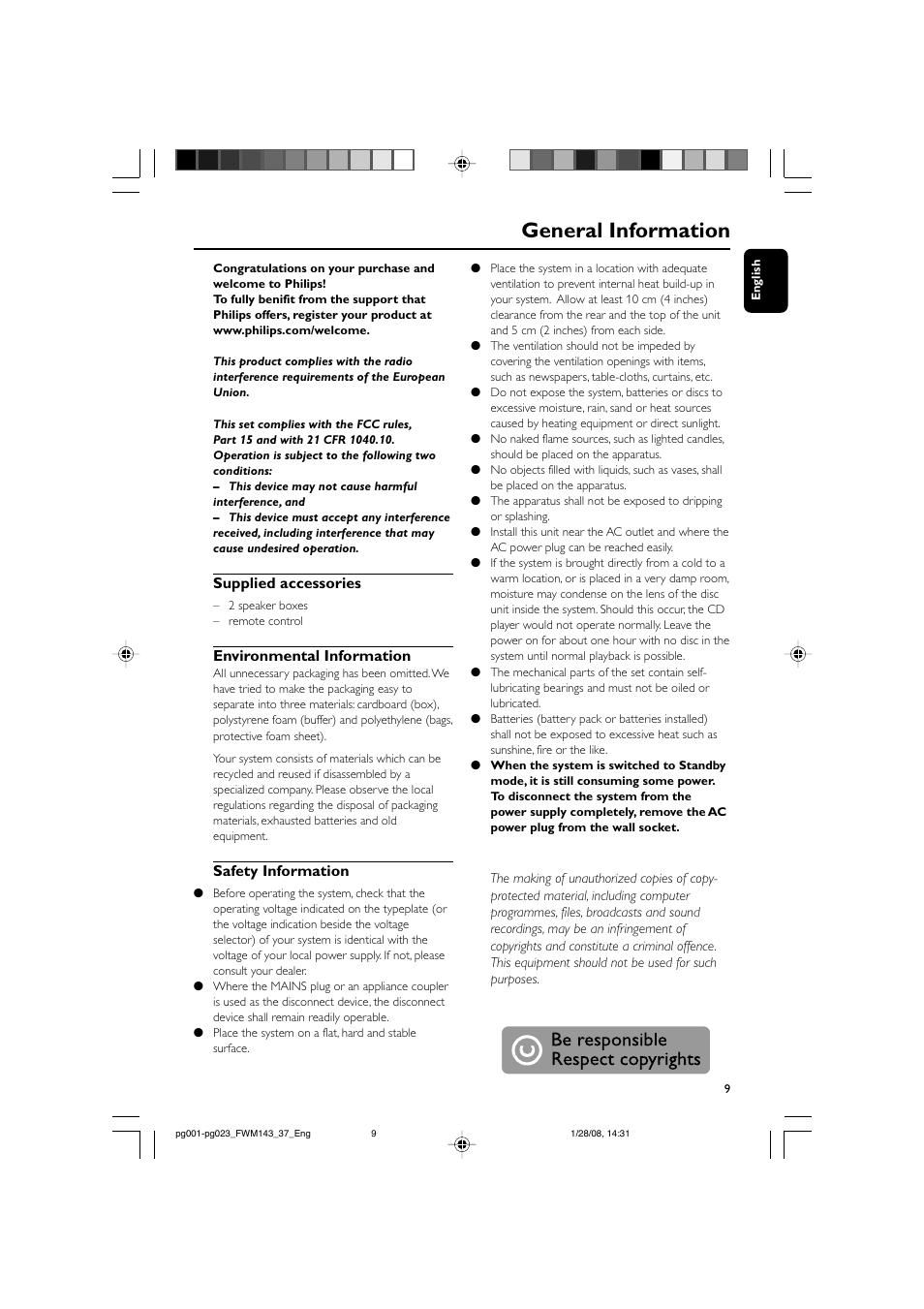 General information, Supplied accessories, Environmental information | Safety information | Philips FW M143 User Manual | Page 9 / 24