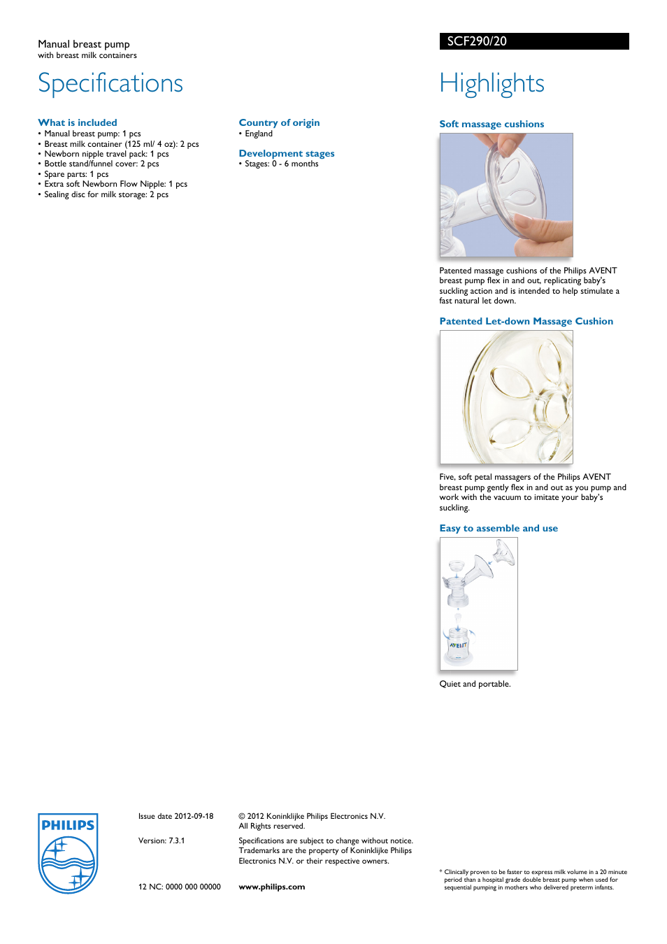 Specifications, Highlights | Philips SCF290/20 User Manual | Page 2 / 2