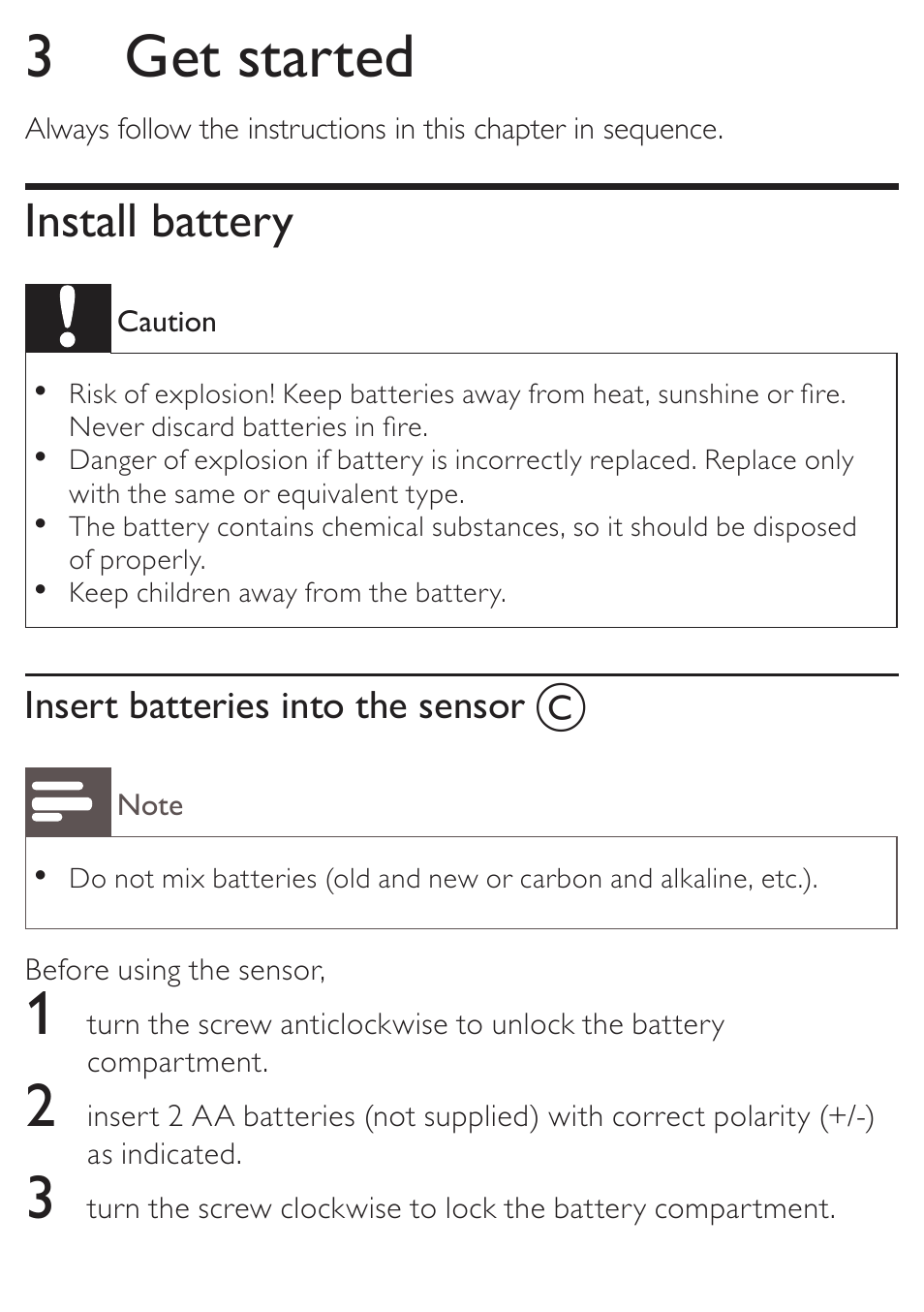 3 get started, Install battery | Philips AJ7010 User Manual | Page 10 / 25