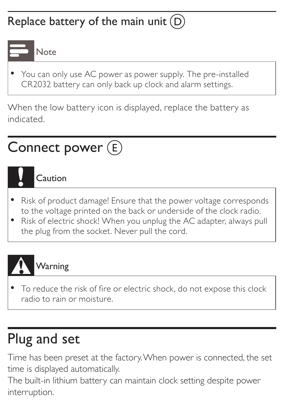 Connect power, Plug and set, Replace battery of the main unit d | Philips AJ7010 User Manual | Page 11 / 25