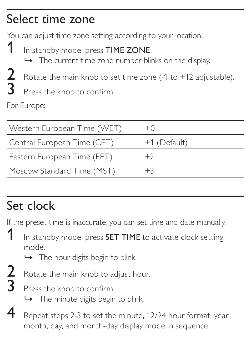 Select time zone, Set clock | Philips AJ7010 User Manual | Page 12 / 25