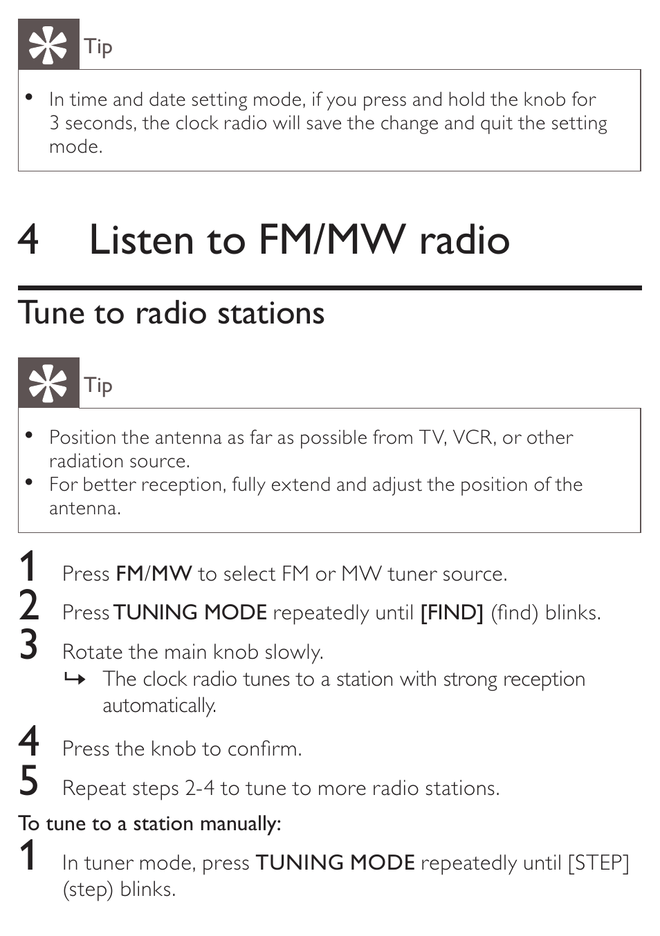 4 listen to fm/mw radio, Tune to radio stations | Philips AJ7010 User Manual | Page 13 / 25