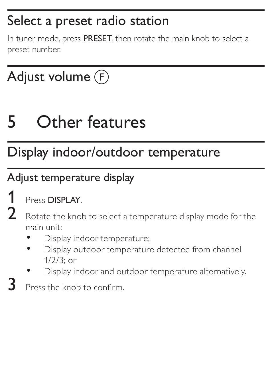 5 other features, Select a preset radio station, Adjust volume | Display indoor/outdoor temperature | Philips AJ7010 User Manual | Page 15 / 25