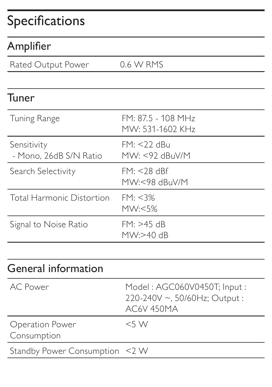 Specifications, Amplifier, Tuner | General information | Philips AJ7010 User Manual | Page 20 / 25