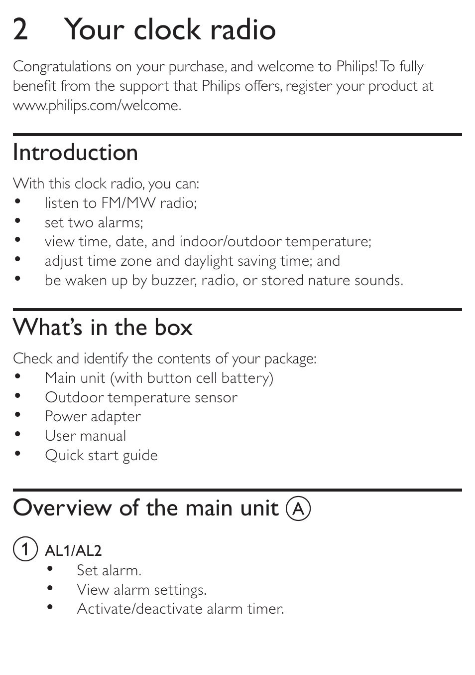 2 your clock radio, Introduction, What’s in the box | Overview of the main unit | Philips AJ7010 User Manual | Page 7 / 25