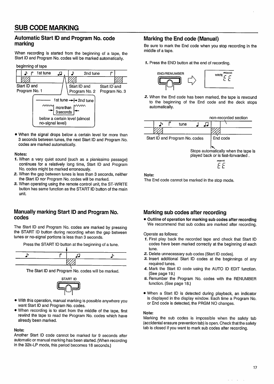 Sub code marking, Automatic start id and program no. code marking, Marking the end code (manual) | Manually marking start id and program no. codes, Marking sub codes after recording | Philips DAT850 User Manual | Page 17 / 28