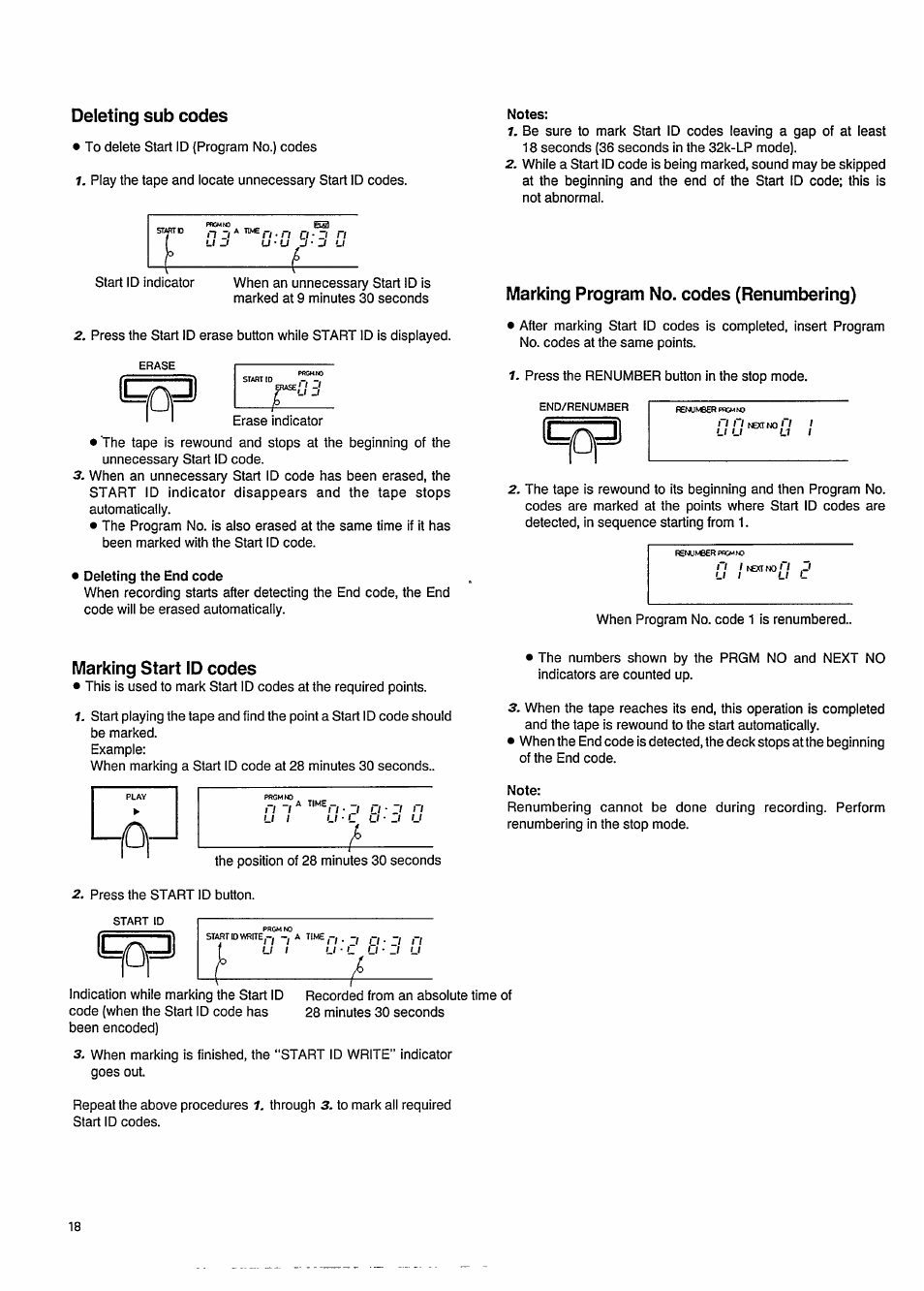 Deleting sub codes, Marking program no. codes (renumbering), Marking start id codes | Philips DAT850 User Manual | Page 18 / 28
