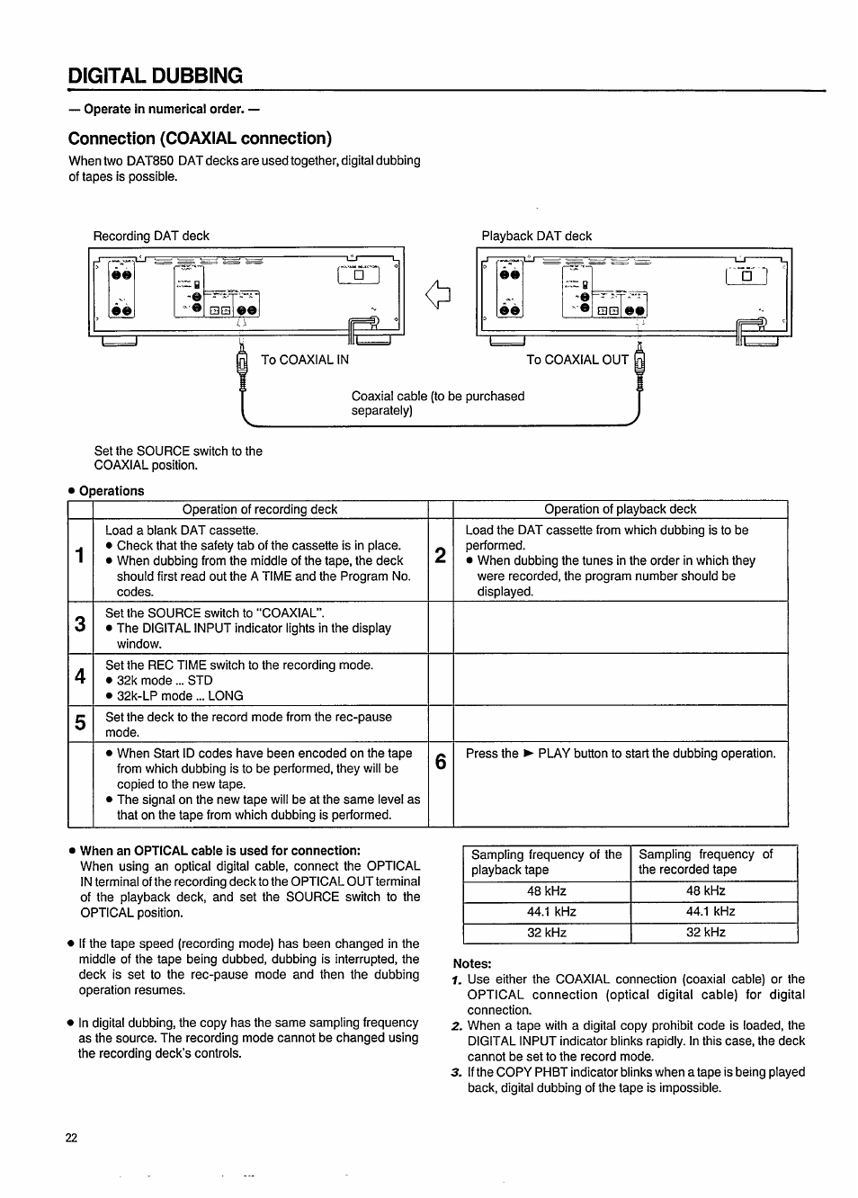 Digital dubbing, Connection (coaxial connection) | Philips DAT850 User Manual | Page 22 / 28