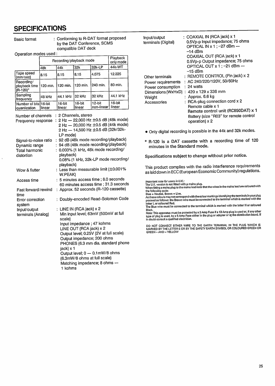 Specifications | Philips DAT850 User Manual | Page 25 / 28