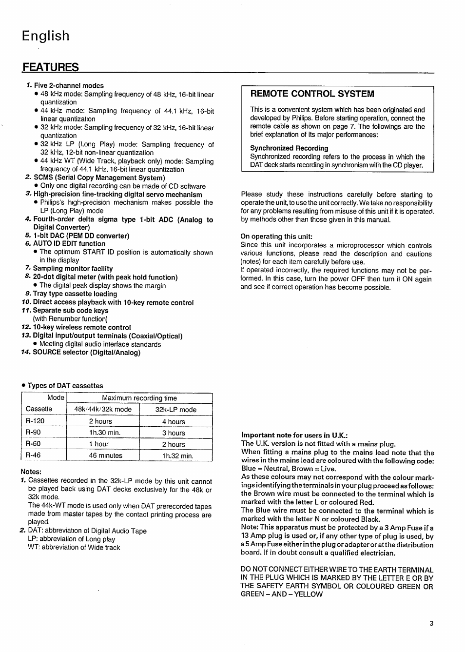 English, Features, Remote control system | Philips DAT850 User Manual | Page 3 / 28