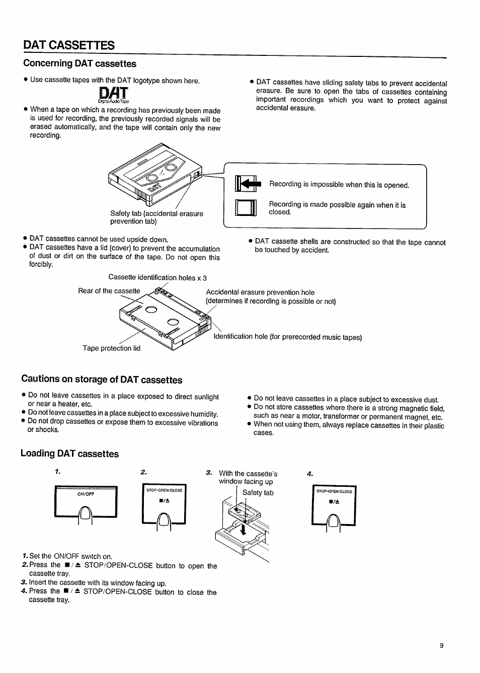 Dat cassettes, Concerning dat cassettes, Cautions on storage of dat cassettes | Loading dat cassettes | Philips DAT850 User Manual | Page 9 / 28