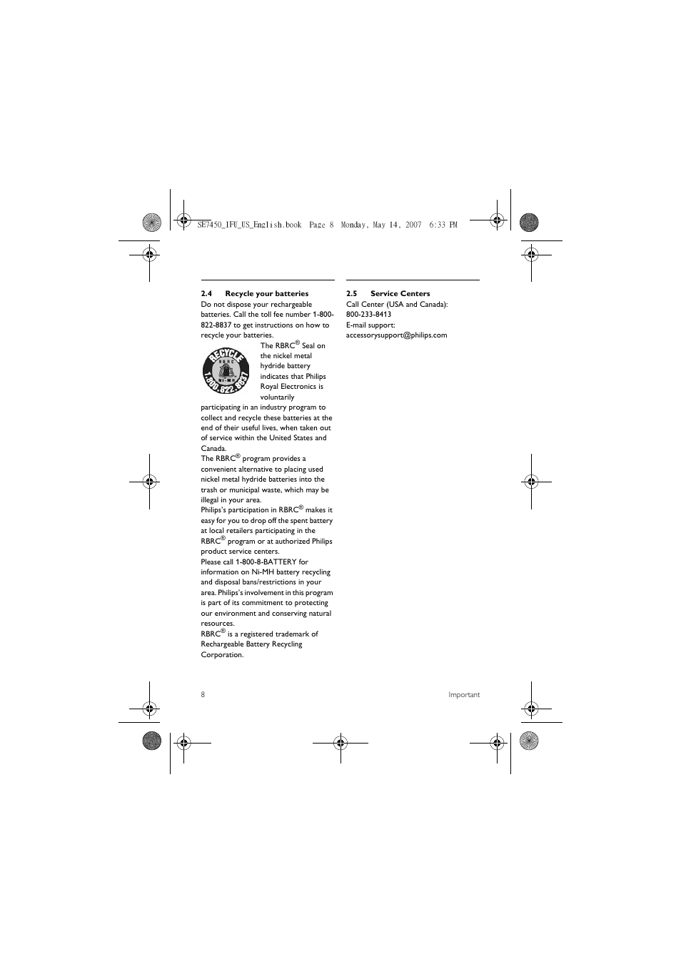 4 recycle your batteries, 5 service centers | Philips SE 7450 User Manual | Page 10 / 31