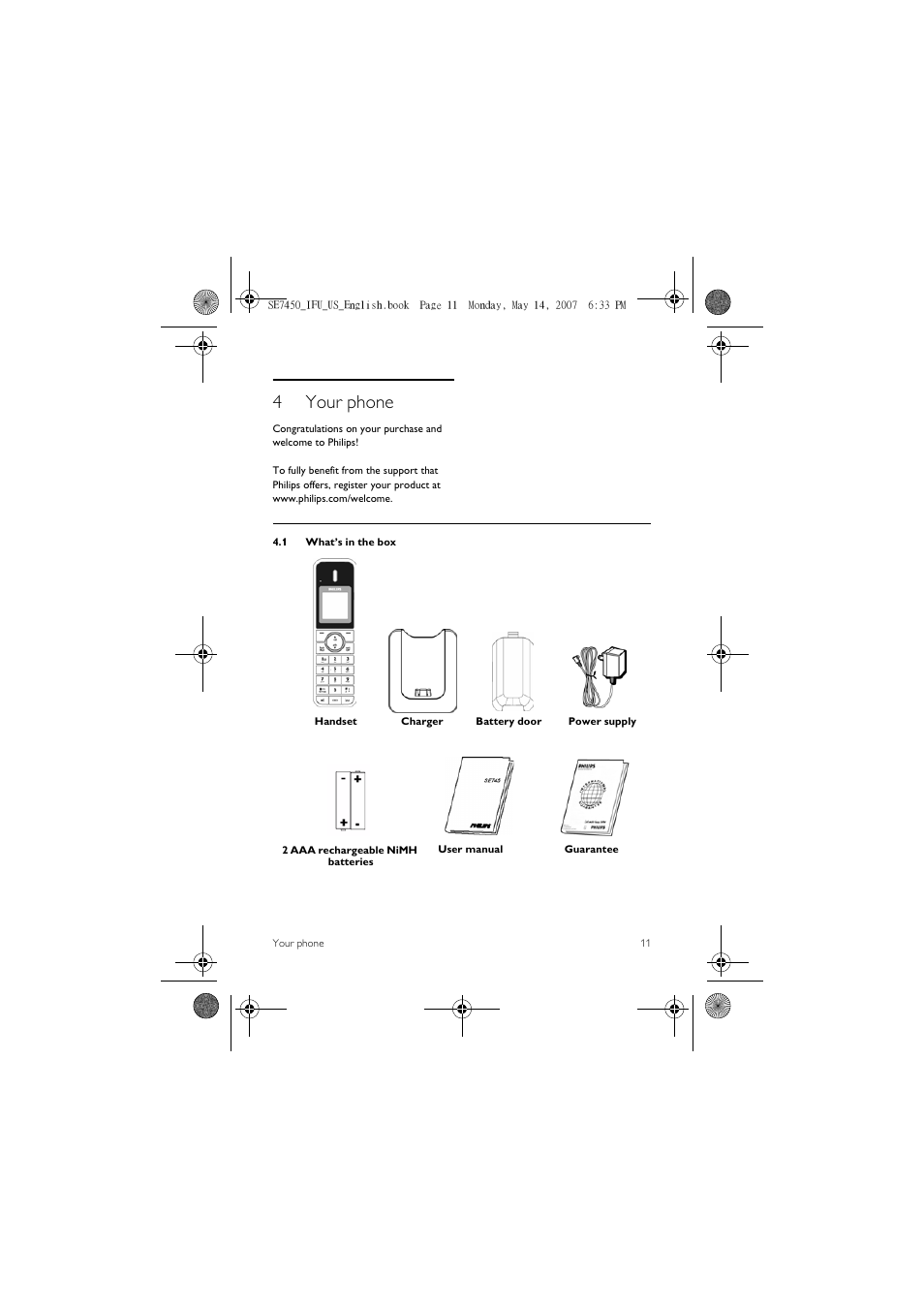 4 your phone, 1 what’s in the box, 4your phone | Philips SE 7450 User Manual | Page 13 / 31