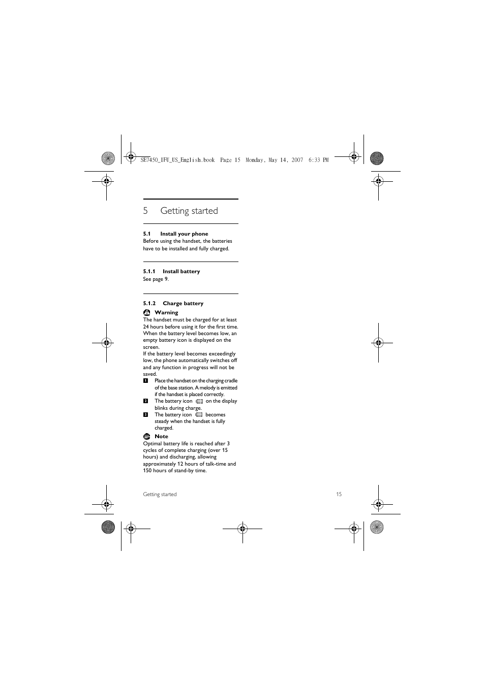 5 getting started, 1 install your phone, 5getting started | Philips SE 7450 User Manual | Page 17 / 31