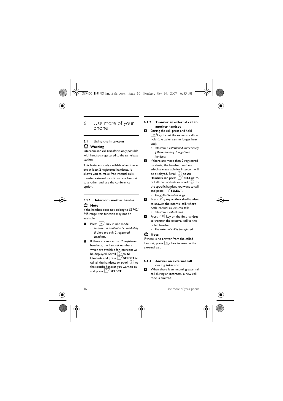 6 use more of your phone, 1 using the intercom, 6use more of your phone | Philips SE 7450 User Manual | Page 18 / 31