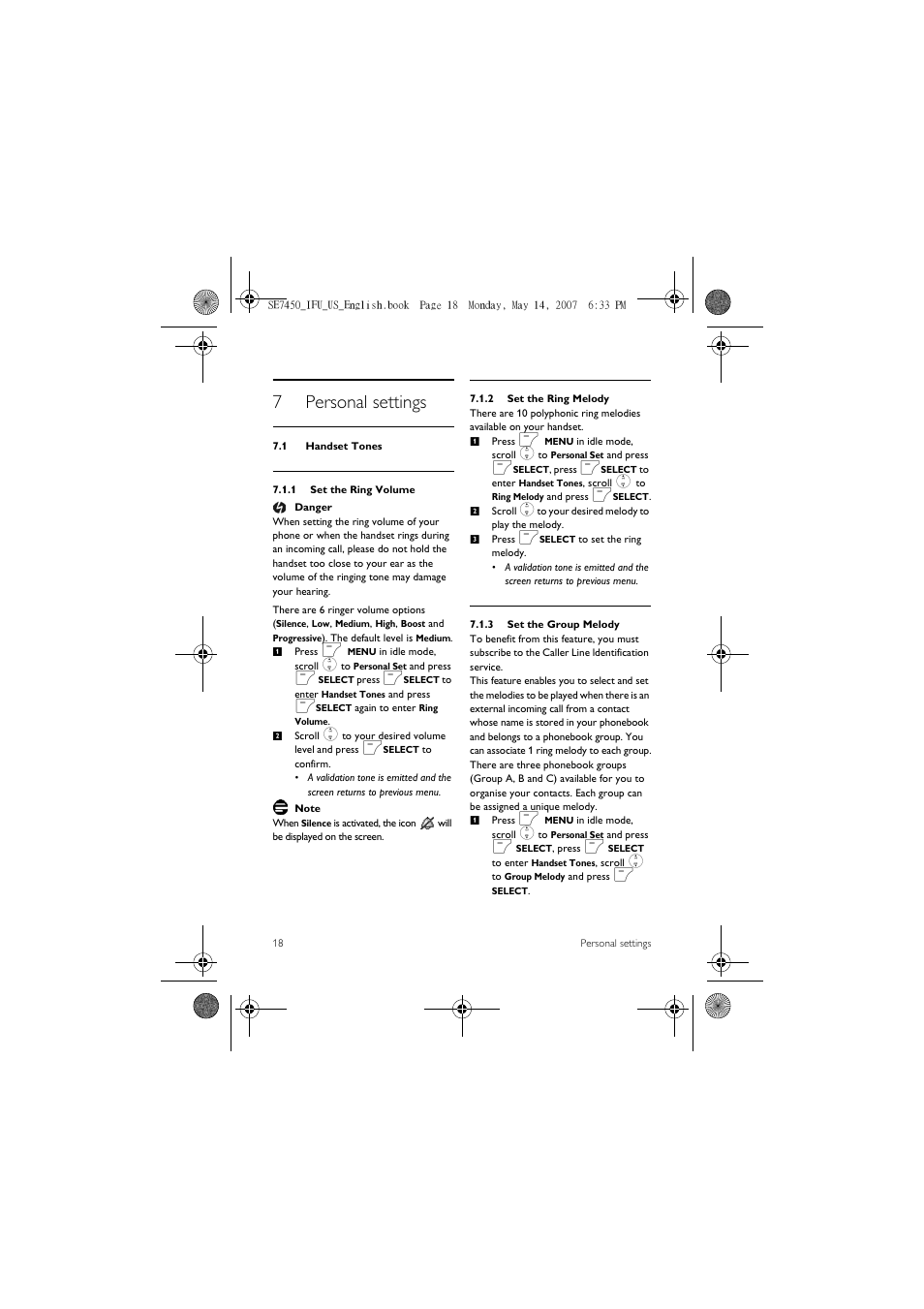 7 personal settings, 1 handset tones, 7personal settings | Philips SE 7450 User Manual | Page 20 / 31