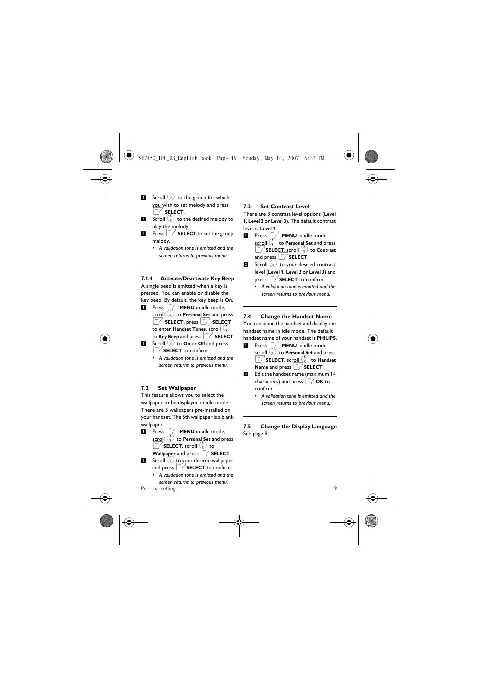 2 set wallpaper, 3 set contrast level, 4 change the handset name | 5 change the display language | Philips SE 7450 User Manual | Page 21 / 31