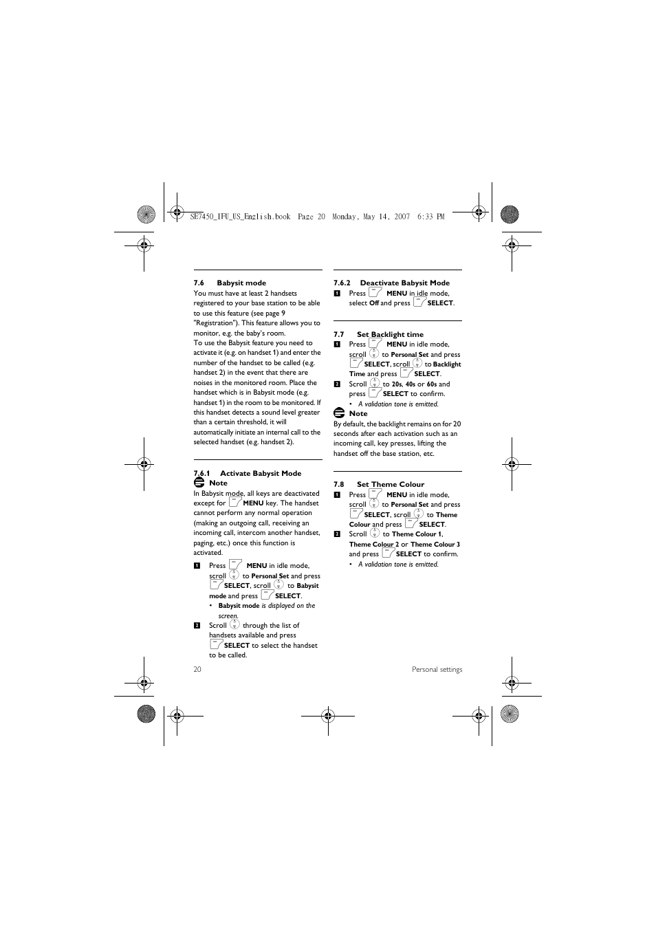 6 babysit mode, 7 set backlight time, 8 set theme colour | Philips SE 7450 User Manual | Page 22 / 31