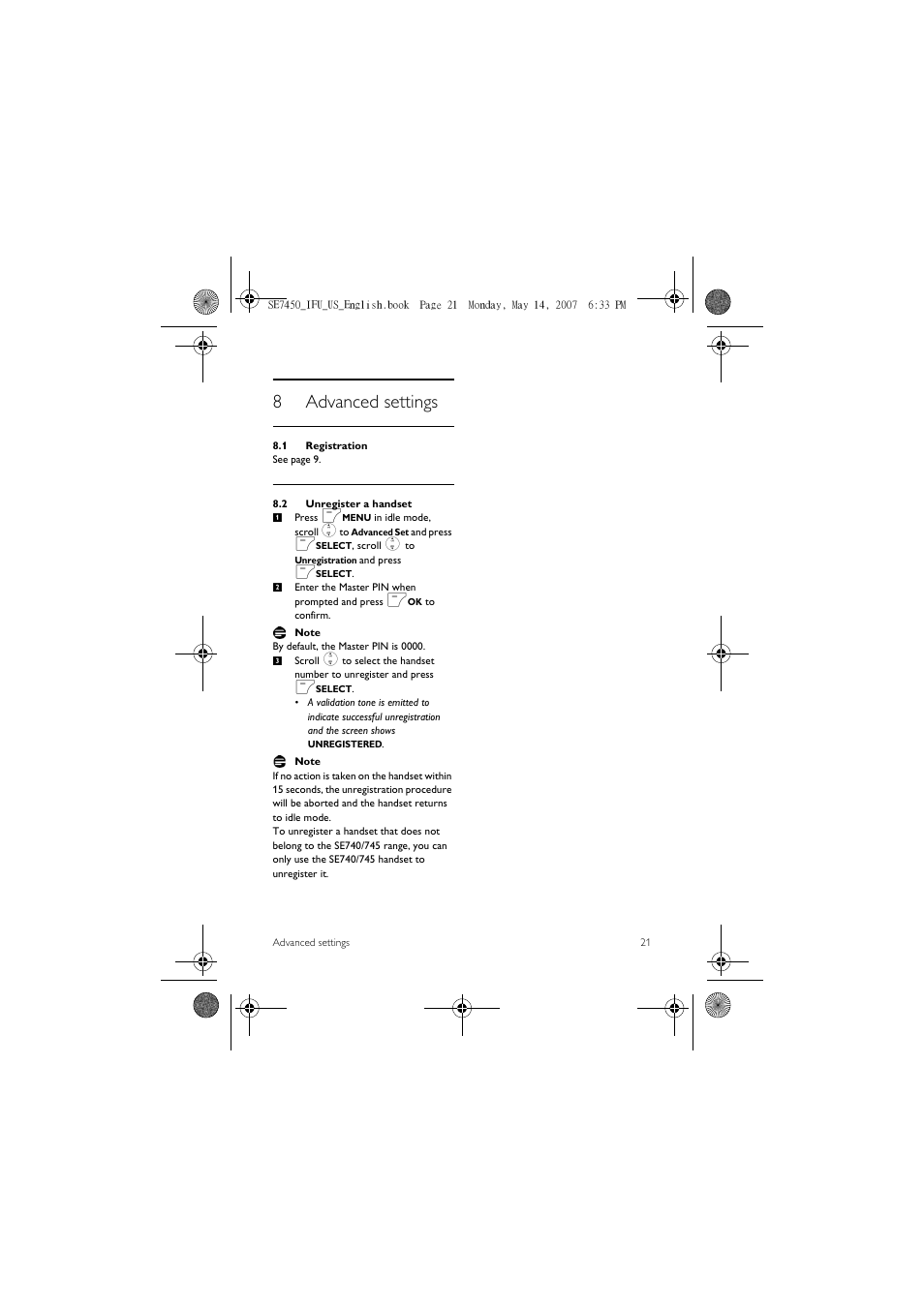 8 advanced settings, 1 registration, 2 unregister a handset | 8advanced settings | Philips SE 7450 User Manual | Page 23 / 31