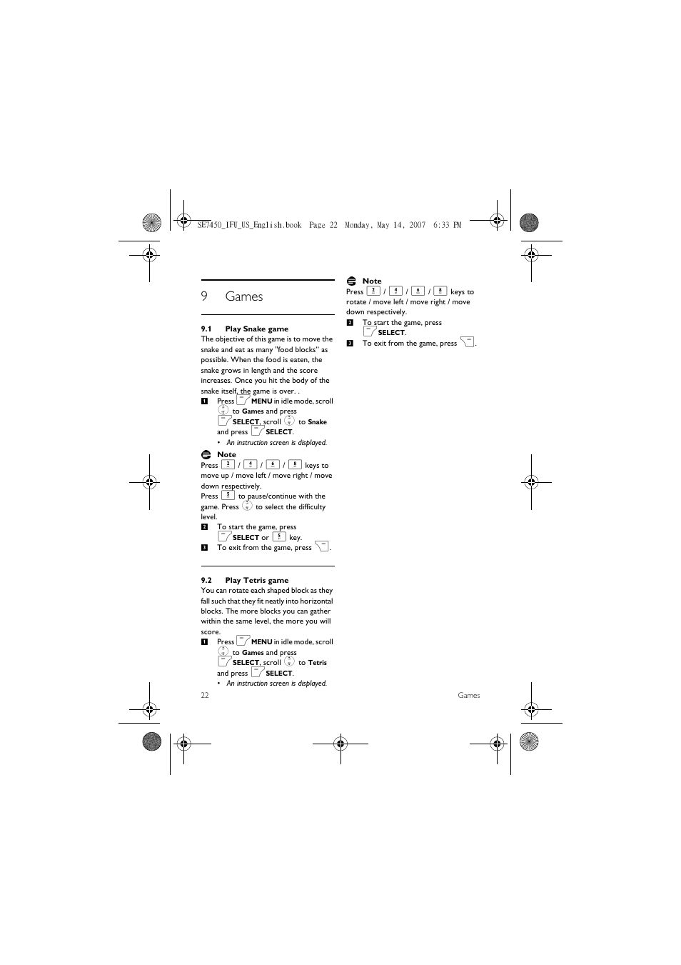 9 games, 1 play snake game, 2 play tetris game | 9games | Philips SE 7450 User Manual | Page 24 / 31