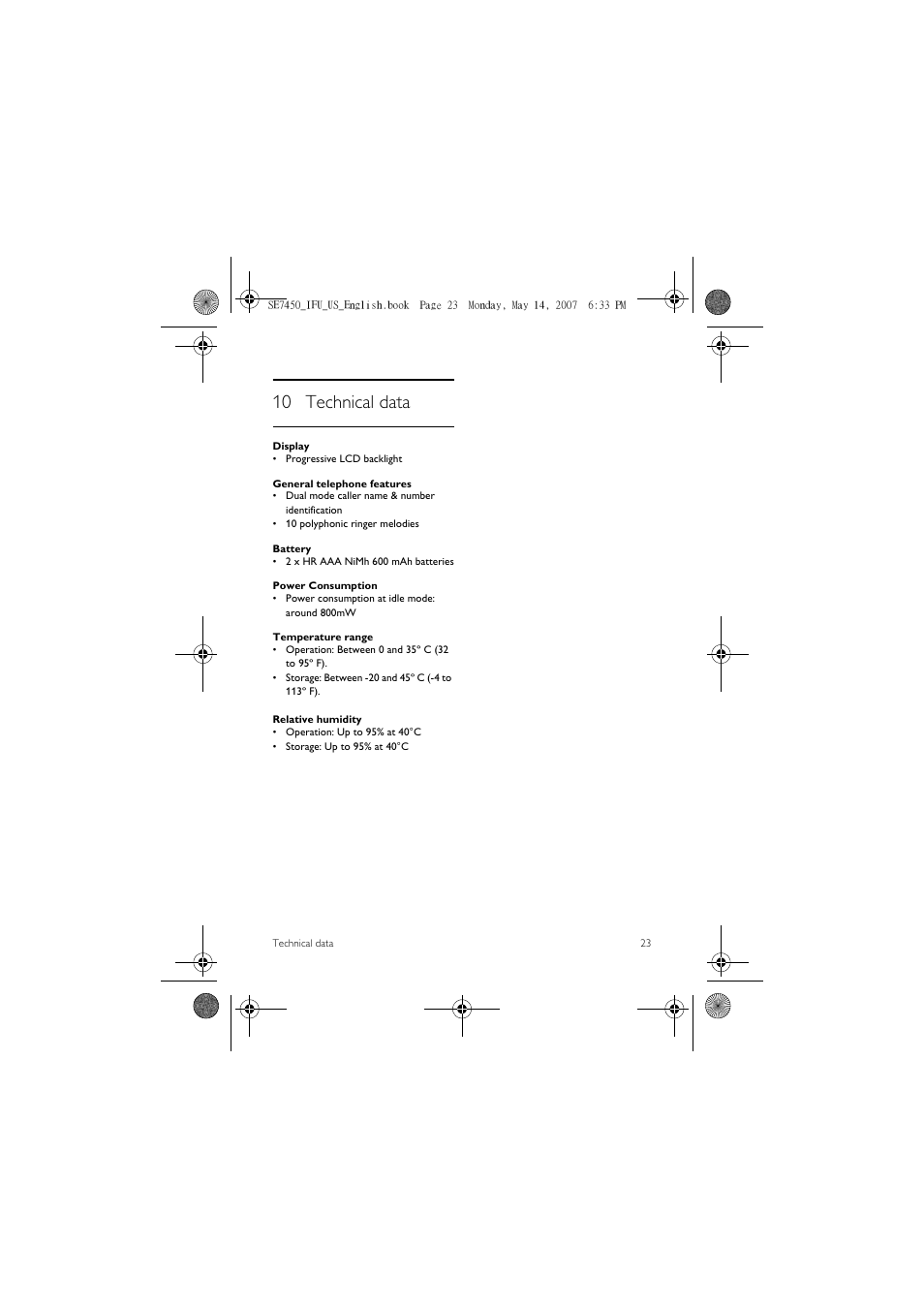 10 technical data | Philips SE 7450 User Manual | Page 25 / 31