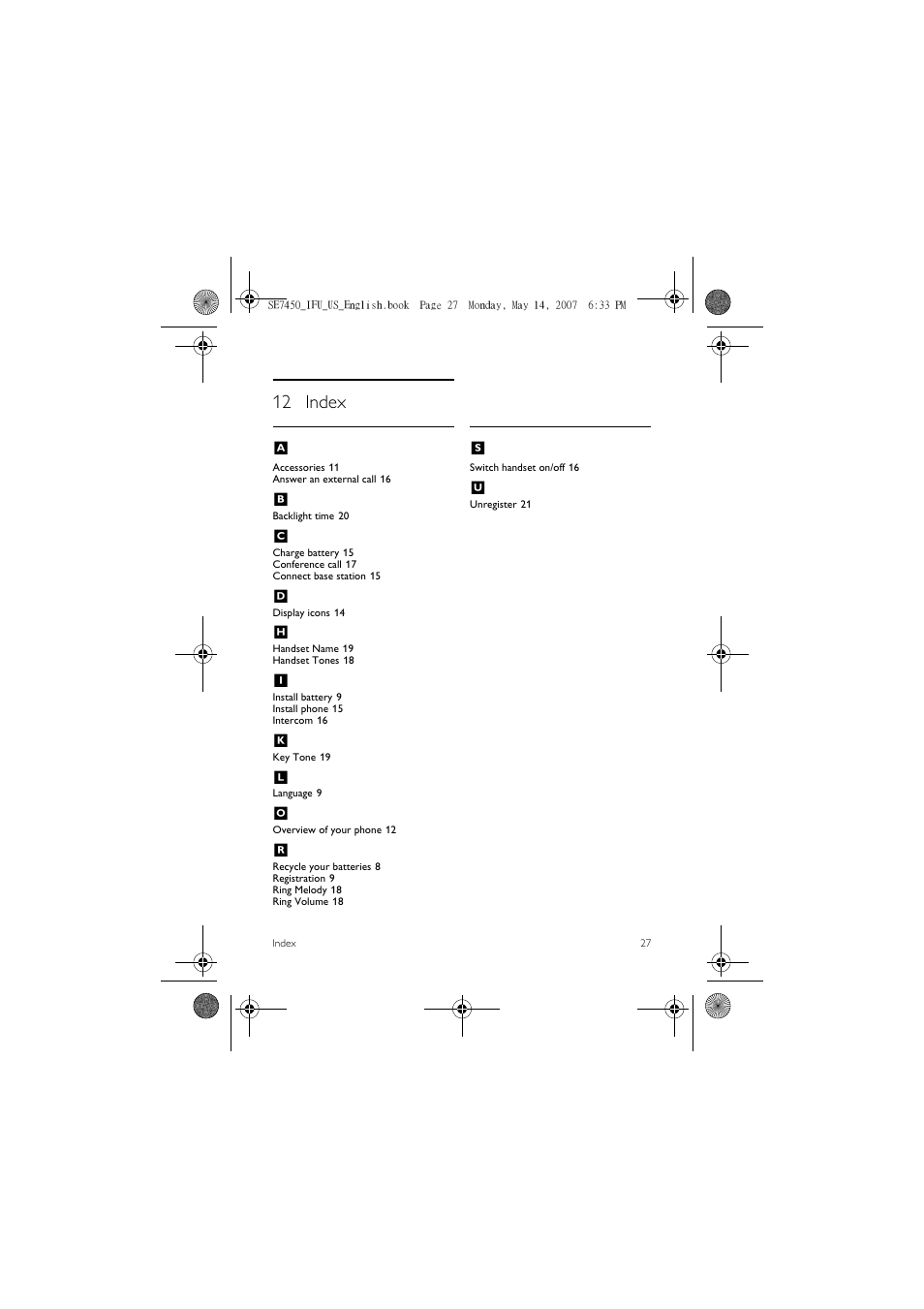 12 index, 12 index a | Philips SE 7450 User Manual | Page 29 / 31