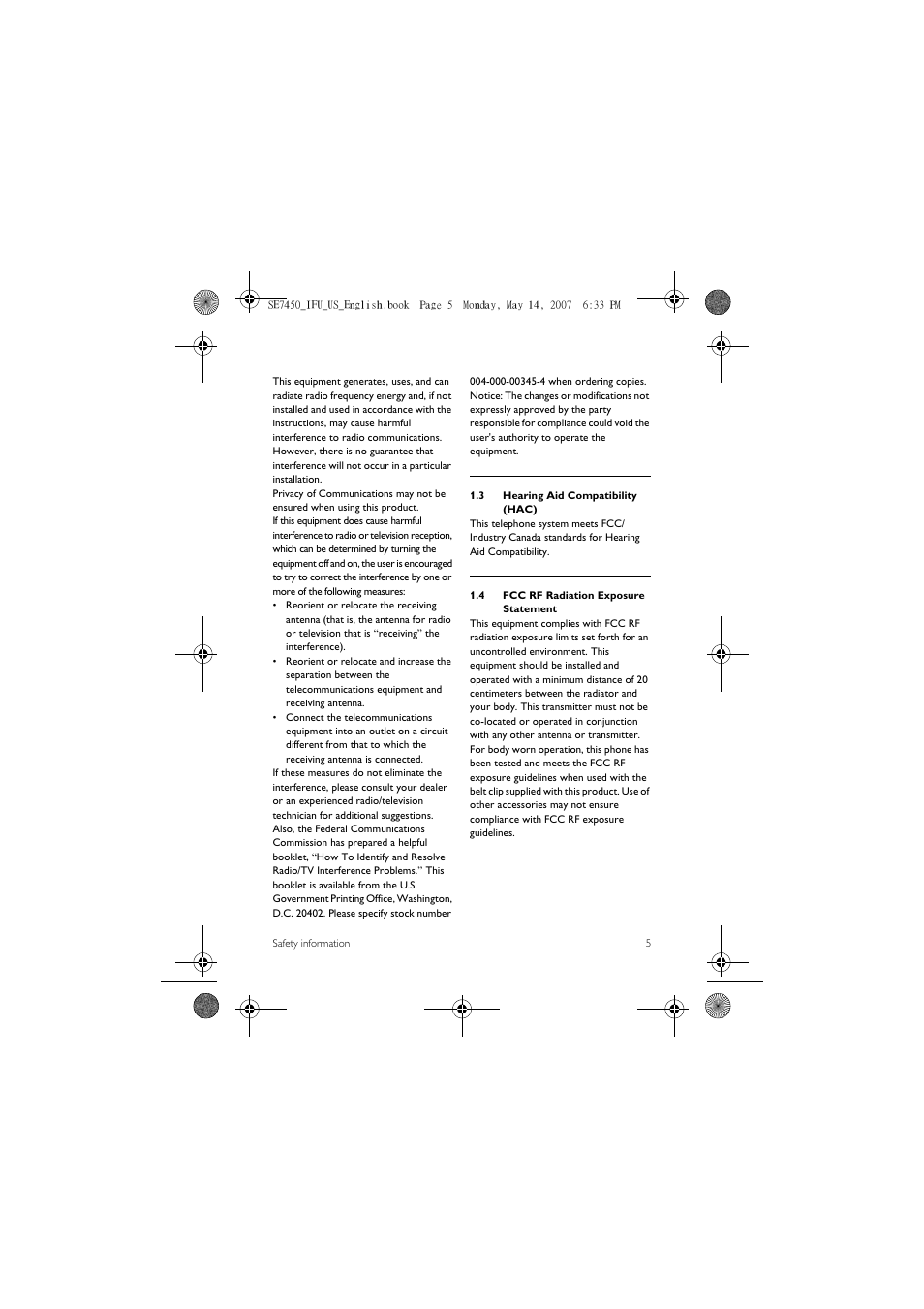 3 hearing aid compatibility (hac), 4 fcc rf radiation exposure statement | Philips SE 7450 User Manual | Page 7 / 31