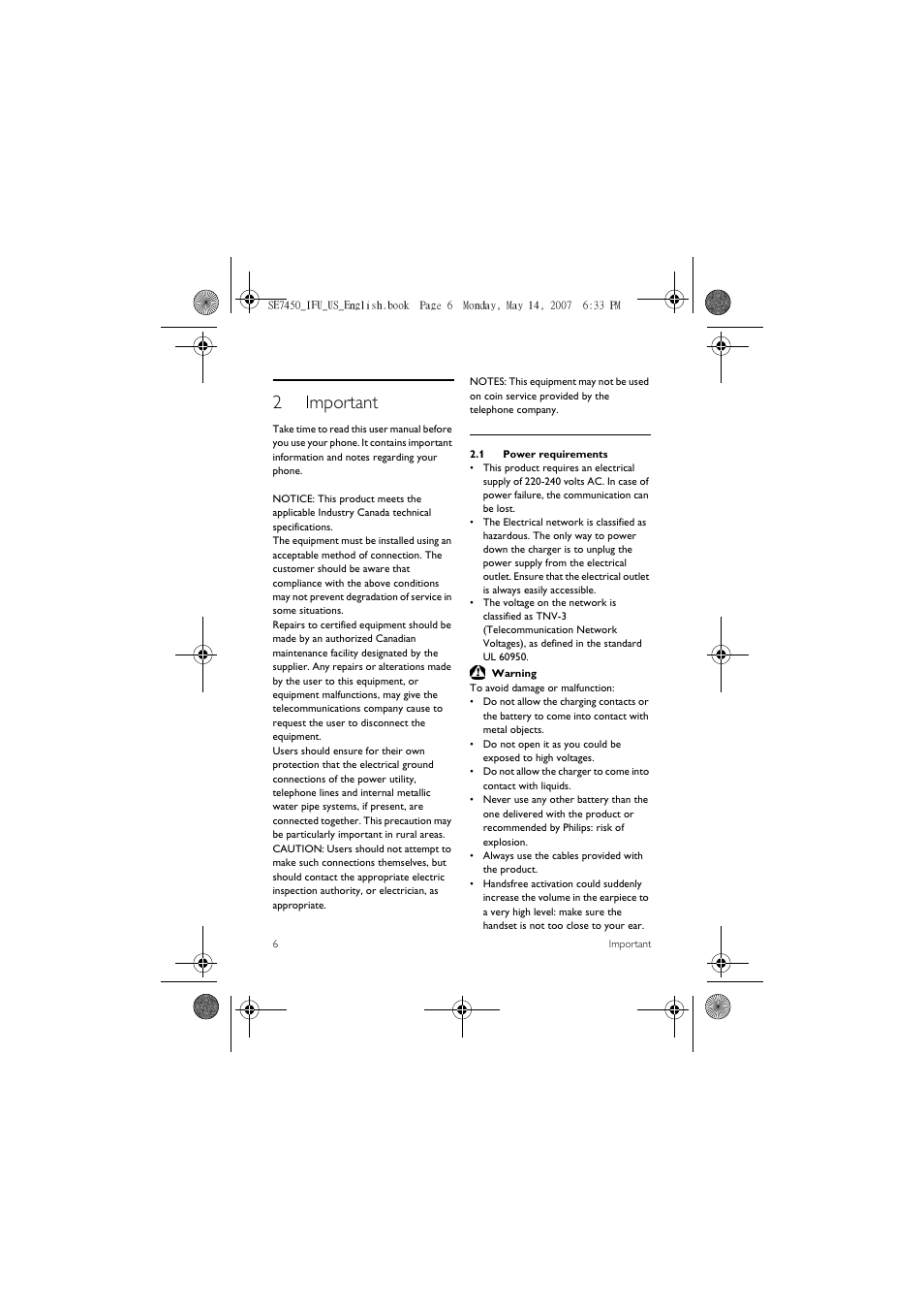 2 important, 1 power requirements, 2important | Philips SE 7450 User Manual | Page 8 / 31