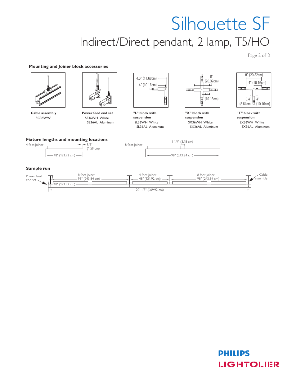 Silhouette sf, Indirect/direct pendant, 2 lamp, t5/ho, Page 2 of 3 | Mounting and joiner block accessories, Fixture lengths and mounting locations, Sample run | Philips Silhouette SF User Manual | Page 2 / 3