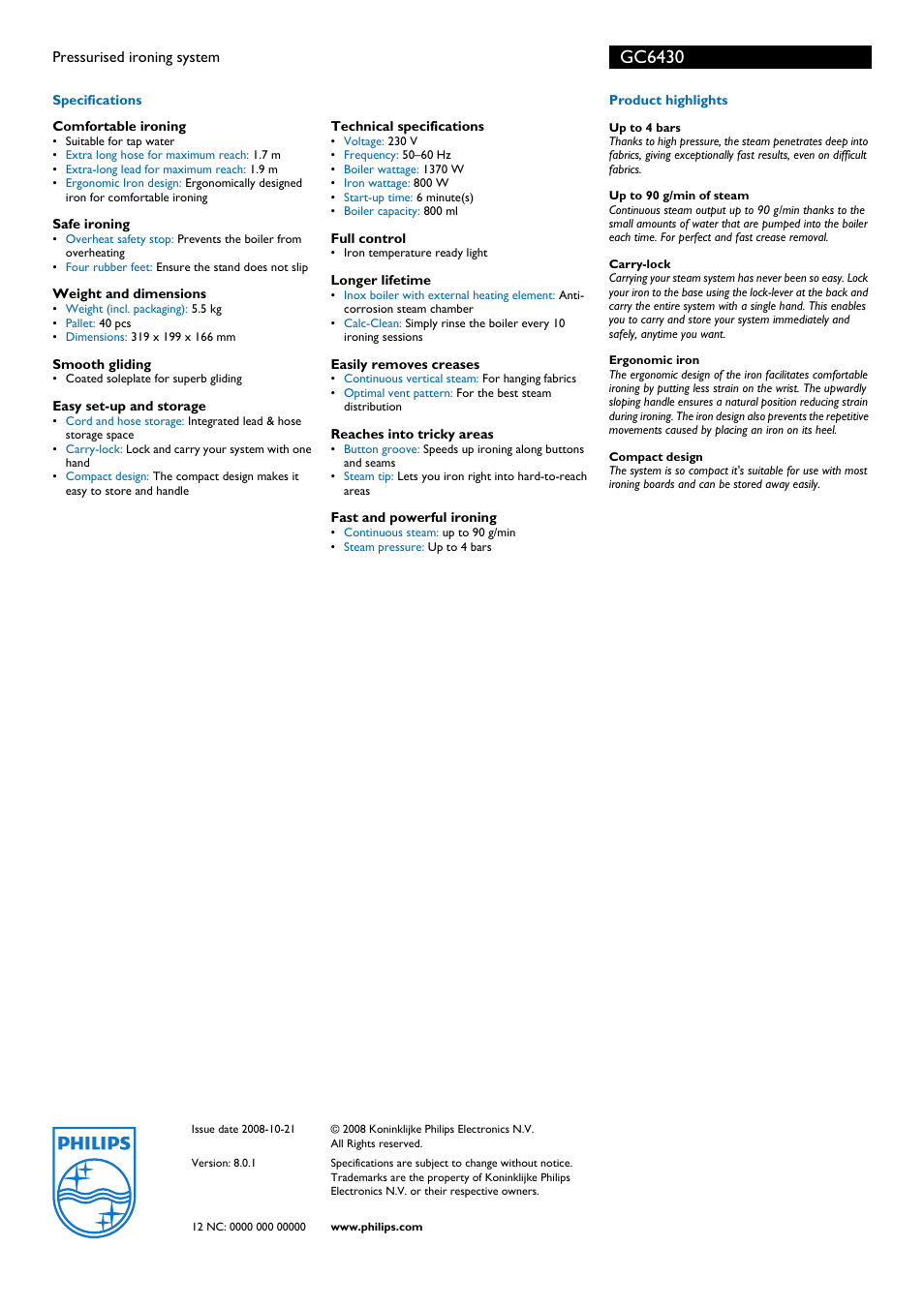 Gc6430 | Philips GC6430 User Manual | Page 2 / 2