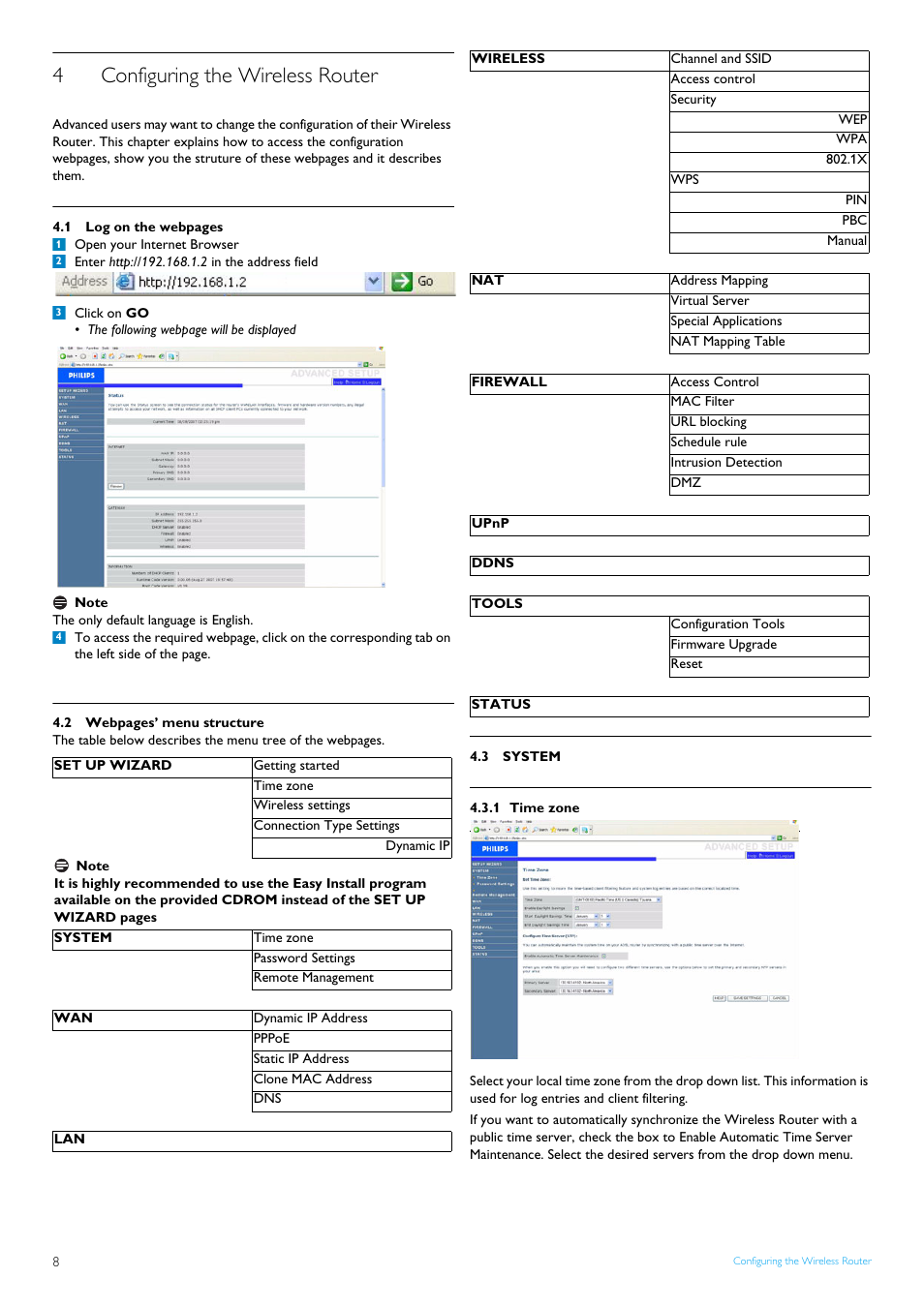 4 configuring the wireless router, 3 system, 1 time zone | Configuring the wireless router, System 8, Time zone, 4configuring the wireless router | Philips CAW7740N User Manual | Page 10 / 23