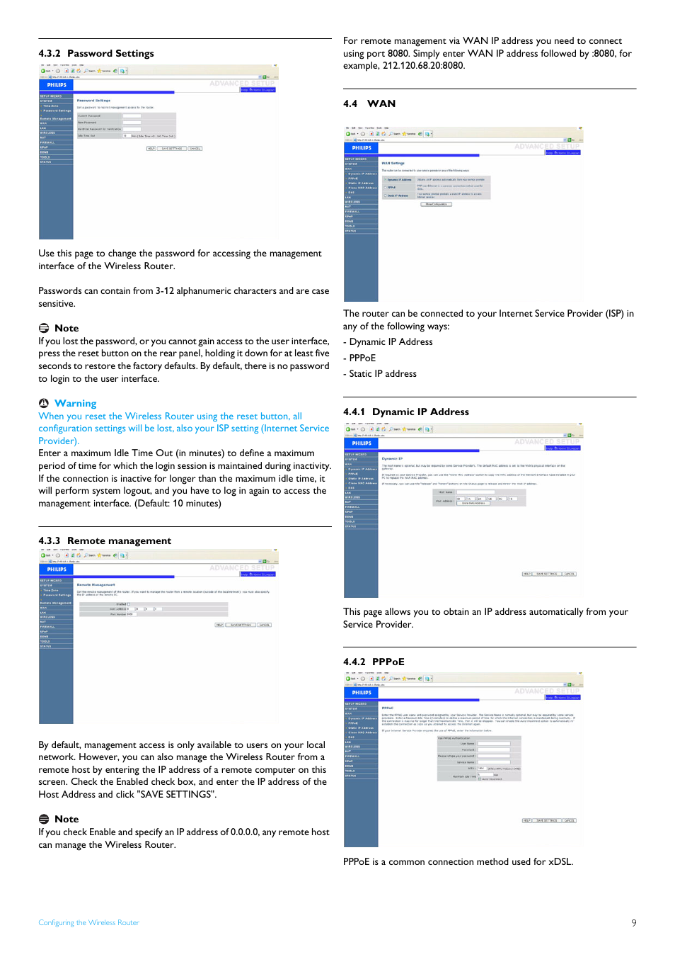 2 password settings, 3 remote management, 4 wan | 1 dynamic ip address, 2 pppoe, Password settings, Remote management, Wan 9, Dynamic ip address, Pppoe 9 | Philips CAW7740N User Manual | Page 11 / 23