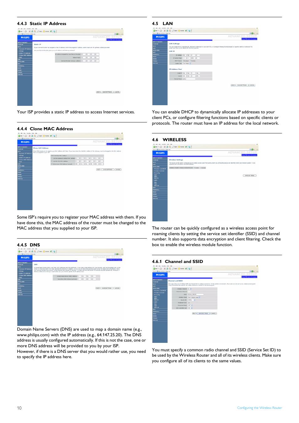 3 static ip address, 4 clone mac address, 5 dns | 5 lan, 6 wireless, 1 channel and ssid, Static ip address, Clone mac address, Dns 10, Lan 10 | Philips CAW7740N User Manual | Page 12 / 23