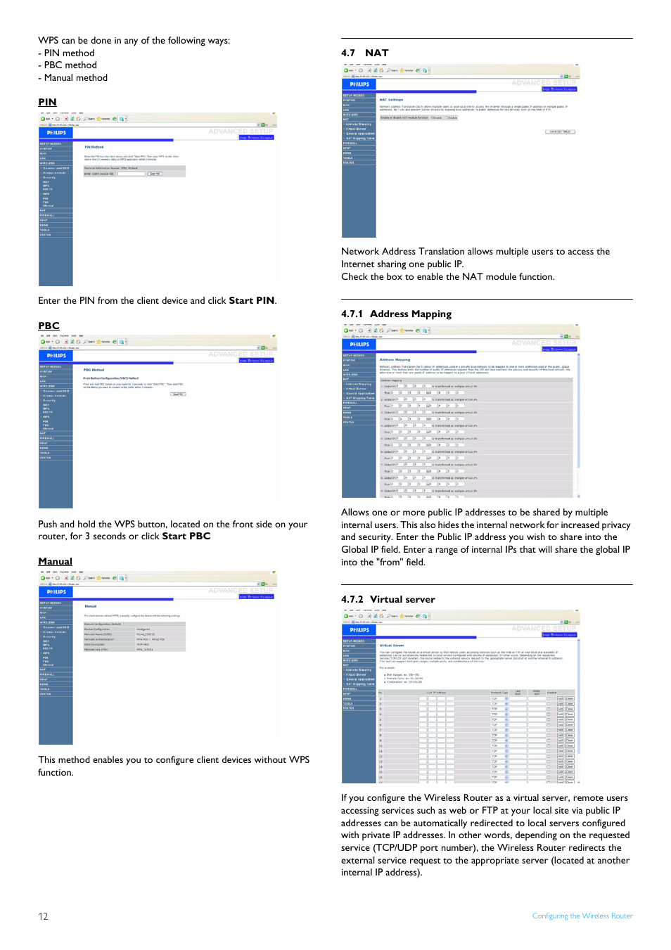 7 nat, 1 address mapping, 2 virtual server | Nat 12, Address mapping, Virtual server | Philips CAW7740N User Manual | Page 14 / 23