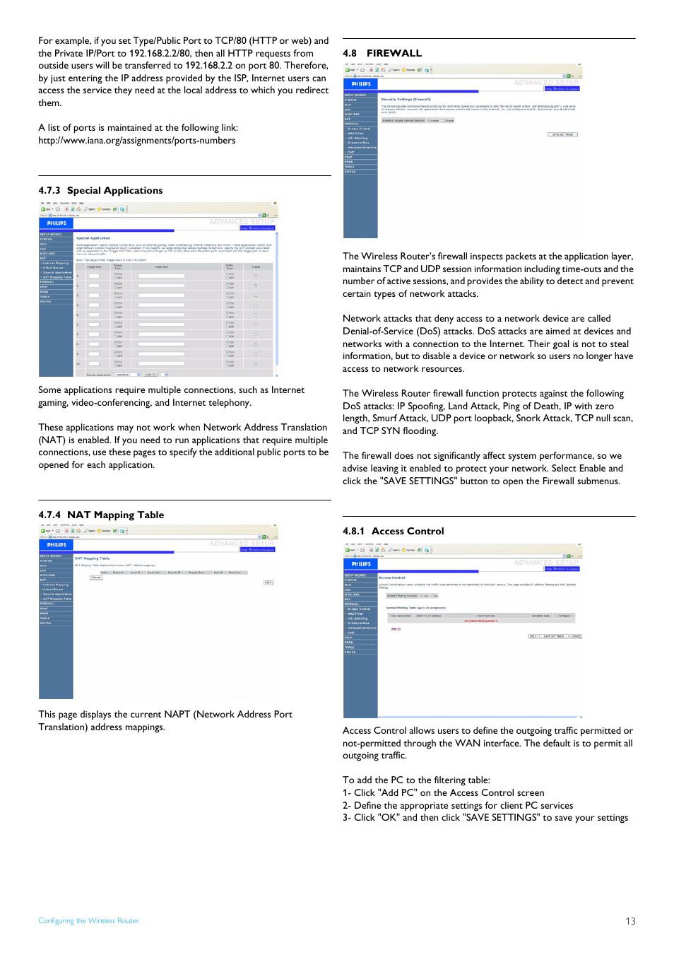 3 special applications, 4 nat mapping table, 8 firewall | 1 access control, Special applications, Nat mapping table, Firewall, Access control | Philips CAW7740N User Manual | Page 15 / 23