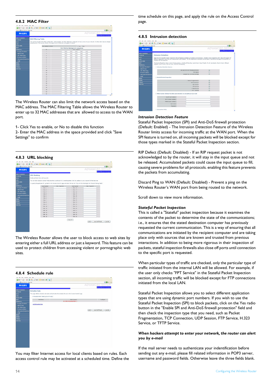 2 mac filter, 3 url blocking, 4 schedule rule | 5 intrusion detection, Mac filter, Url blocking, Schedule rule, Intrusion detection | Philips CAW7740N User Manual | Page 16 / 23