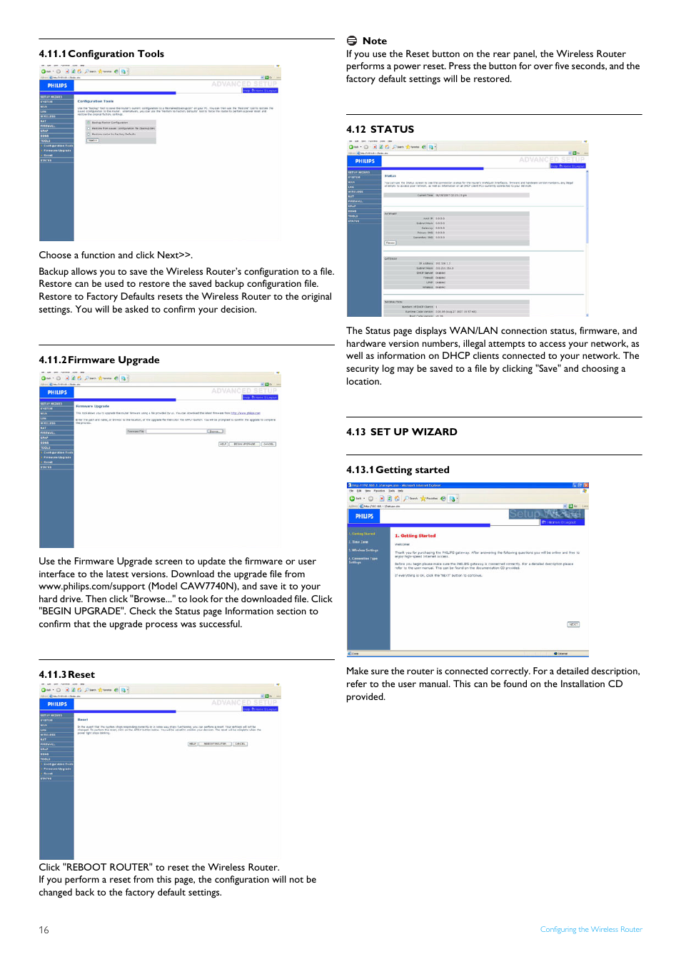 1 configuration tools, 2 firmware upgrade, 3 reset | 12 status, 13 set up wizard, 1 getting started, Configuration tools, Firmware upgrade, Reset 16, Status 16 | Philips CAW7740N User Manual | Page 18 / 23