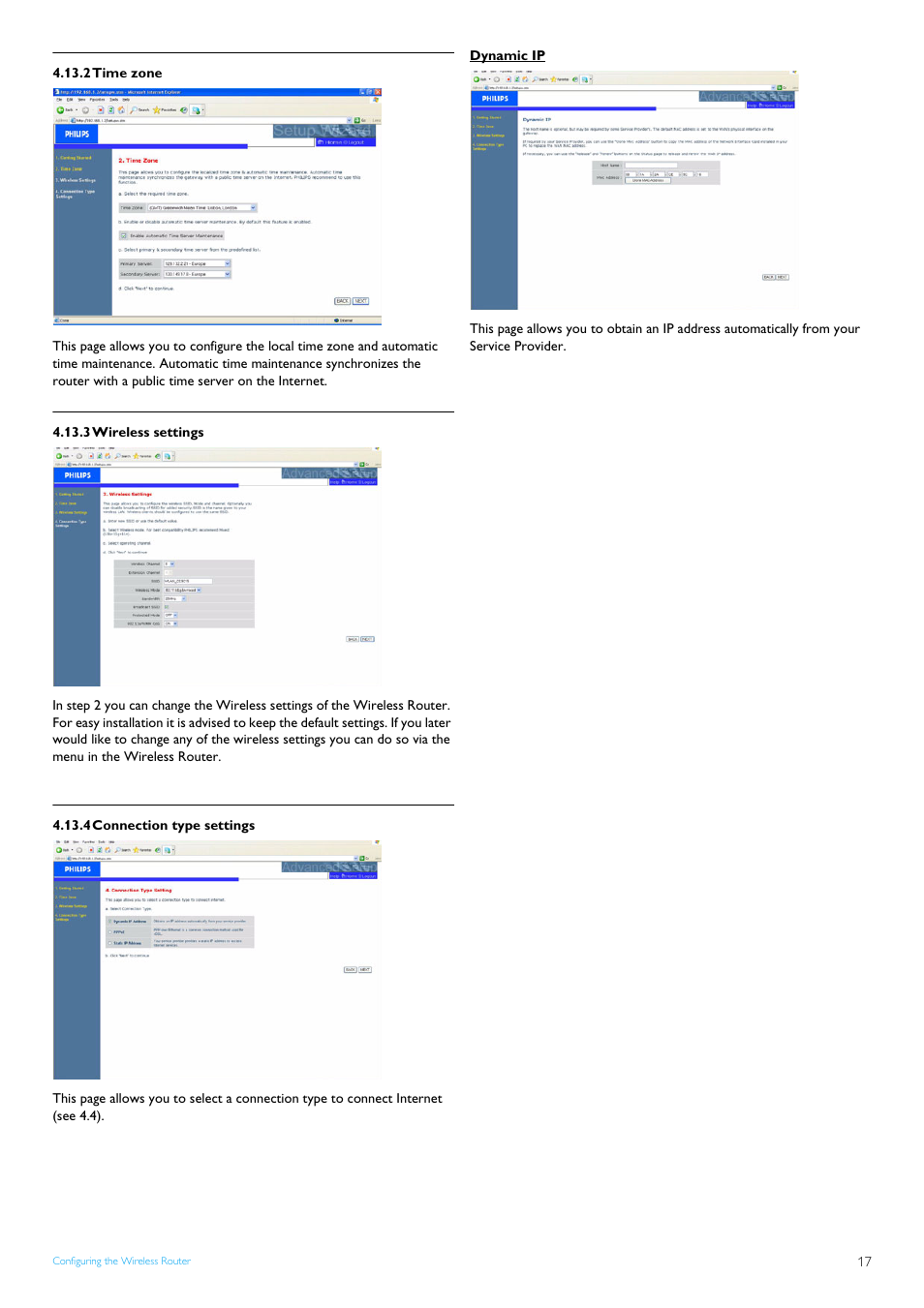 2 time zone, 3 wireless settings, 4 connection type settings | Time zone, Wireless settings, Connection type settings | Philips CAW7740N User Manual | Page 19 / 23