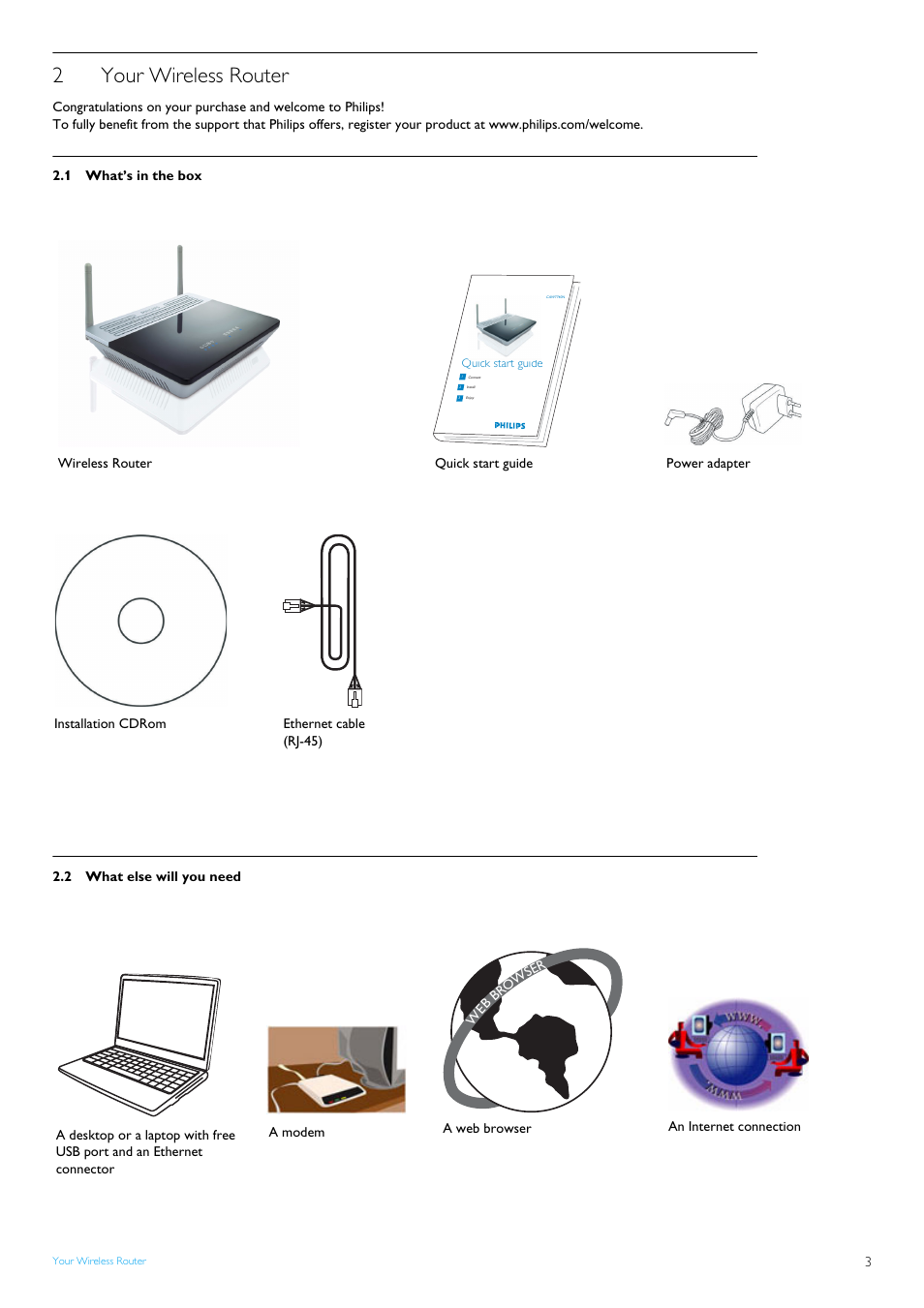 2 your wireless router, 1 what’s in the box, 2 what else will you need | Your wireless router, What’s in the box, What else will you need, 2your wireless router | Philips CAW7740N User Manual | Page 5 / 23