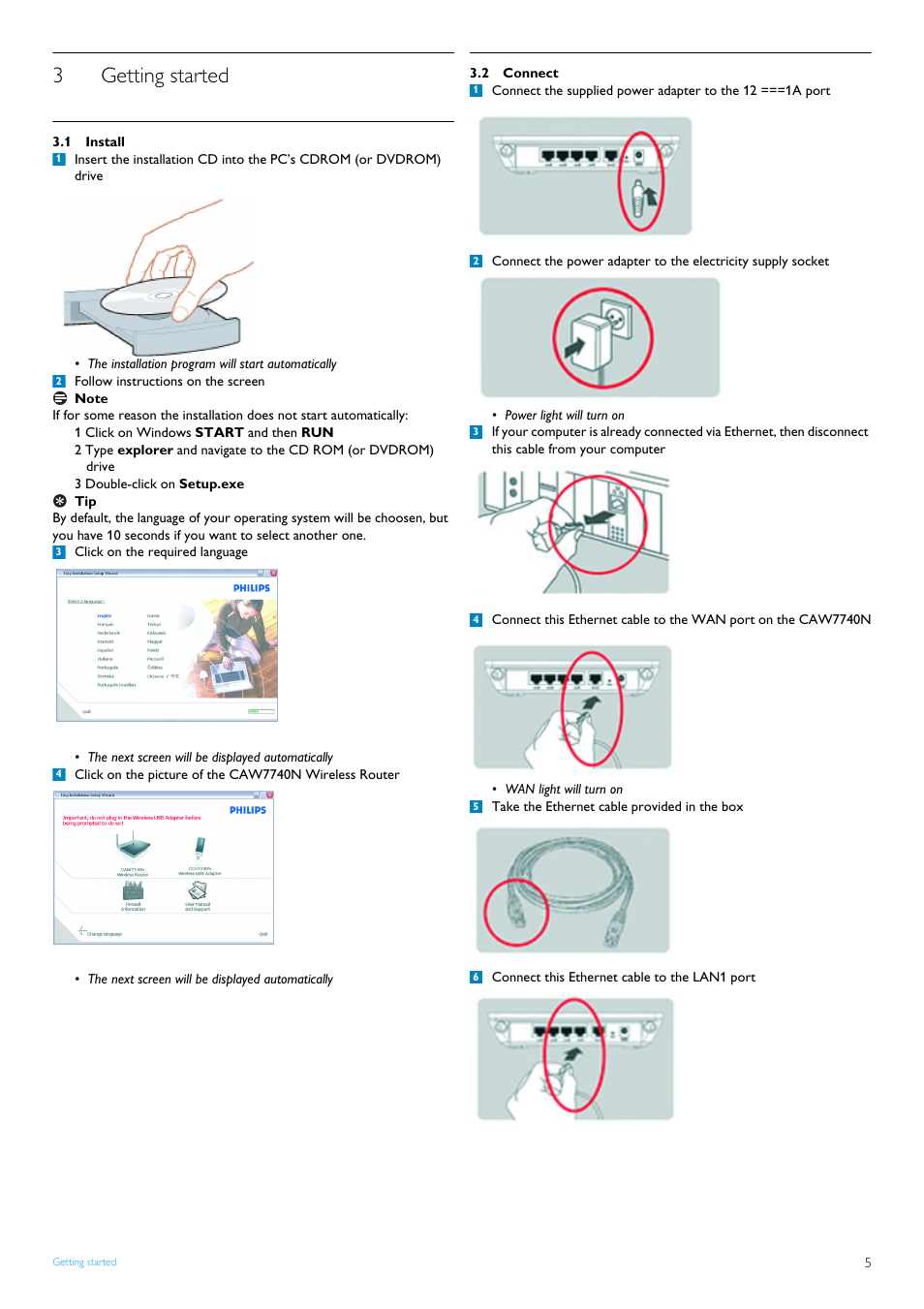 3 getting started, 1 install, 2 connect | Getting started, Install 5, Connect 5, 3getting started | Philips CAW7740N User Manual | Page 7 / 23