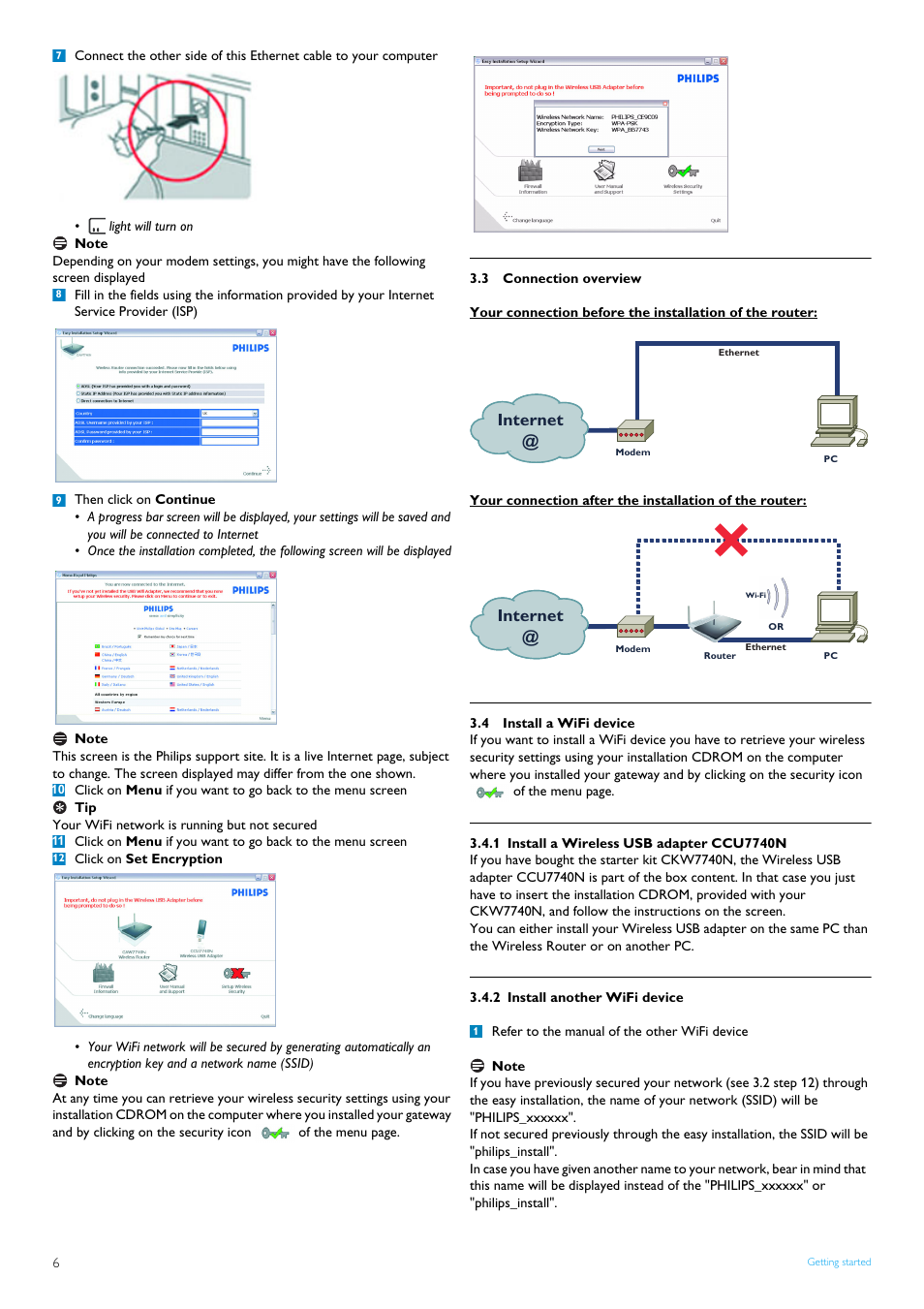 3 connection overview, 4 install a wifi device, 1 install a wireless usb adapter ccu7740n | 2 install another wifi device, Connection overview, Install a wifi device, Install a wireless usb adapter ccu7740n, Install another wifi device, Internet @ internet | Philips CAW7740N User Manual | Page 8 / 23