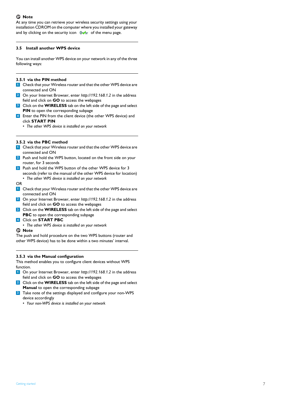 5 install another wps device, 1 via the pin method, 2 via the pbc method | 3 via the manual configuration, Install another wps device, Via the pin method, Via the pbc method, Via the manual configuration | Philips CAW7740N User Manual | Page 9 / 23