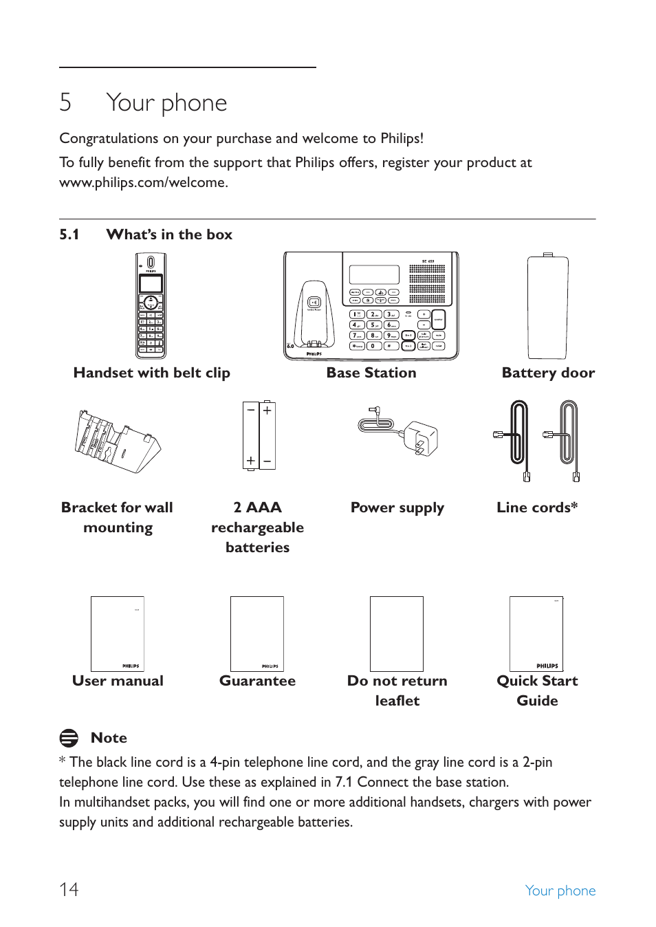 5 your phone, 1 what’s in the box, Your phone | What’s in the box, 5your phone | Philips SE659 User Manual | Page 16 / 76