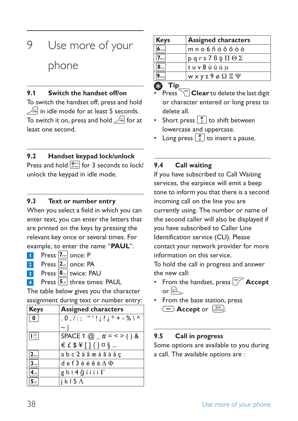 9 use more of your phone, 1 switch the handset off/on, 2 handset keypad lock/unlock | 3 text or number entry, 4 call waiting, 5 call in progress, Use more of your phone, Switch the handset off/on 38, Handset keypad lock/ unlock, Text or number entry | Philips SE659 User Manual | Page 40 / 76