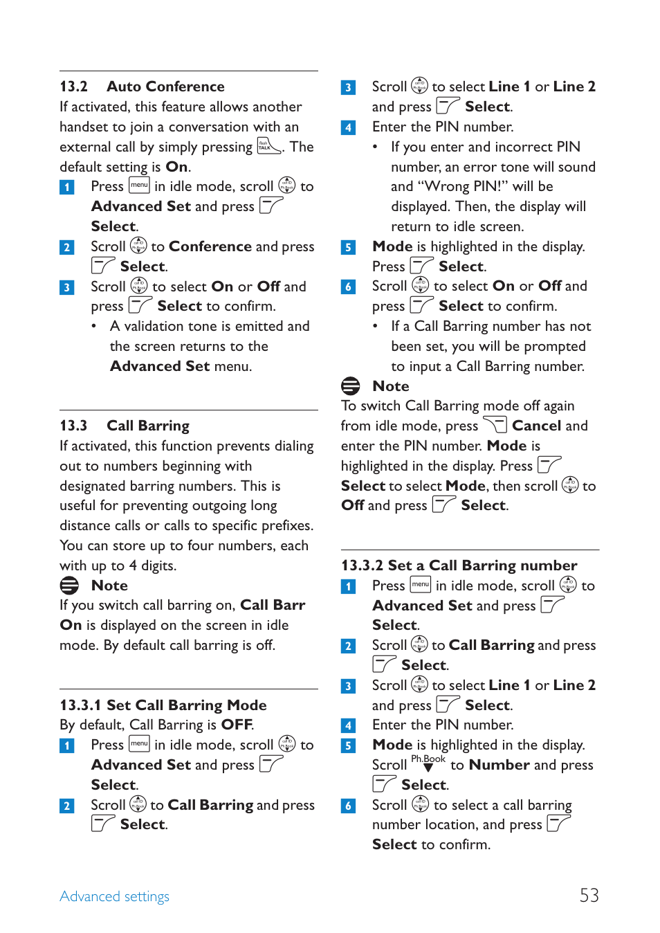 2 auto conference, 3 call barring, Auto conference | Call barring, Set call barring mode, Set a call barring number | Philips SE659 User Manual | Page 55 / 76