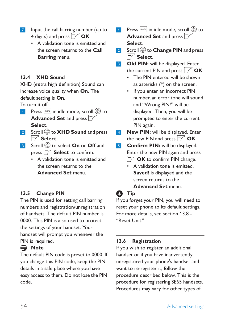 4 xhd sound, 5 change pin, 6 registration | Xhd sound, Change pin, Registration | Philips SE659 User Manual | Page 56 / 76